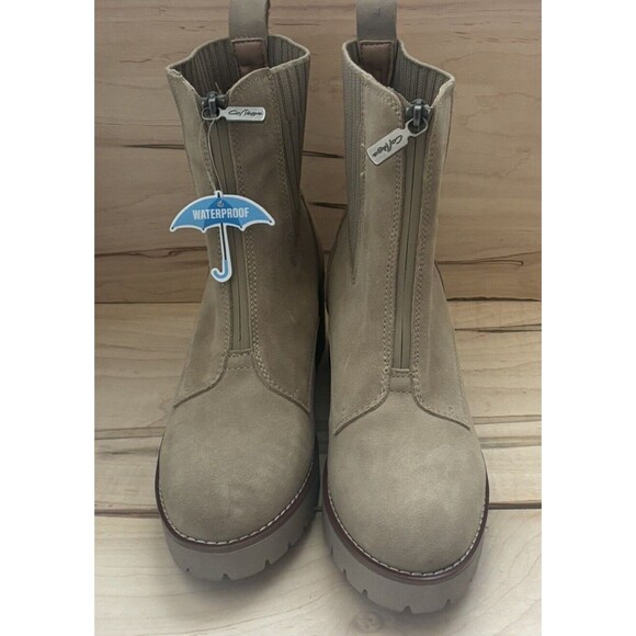 AQUA COLLEGE Womens Beige 1" Platform Ribbed Panels Dream Toe Suede Booties - Picture 2 of 6